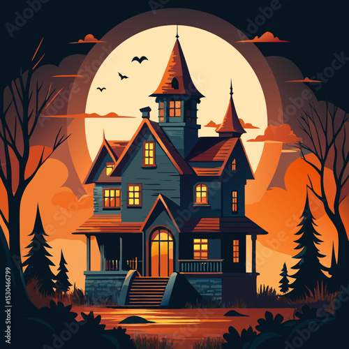 Halloween themed illustration featuring a spooky old house set against a full moon night with bats flying overhead and silhouettes of trees in the background.
