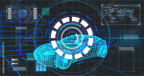 Initiating blue 3D wireframe car scan, spinning ring filling progress globe and map panels updating