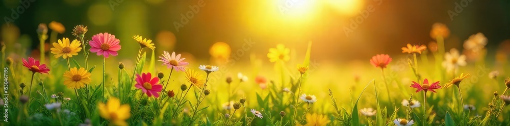 Fototapeta premium Golden hour sunlight bathes a vibrant summer landscape, illuminating wildflowers and lush green grass Perfect for summer, nature, and vacation themes , environment, meadow