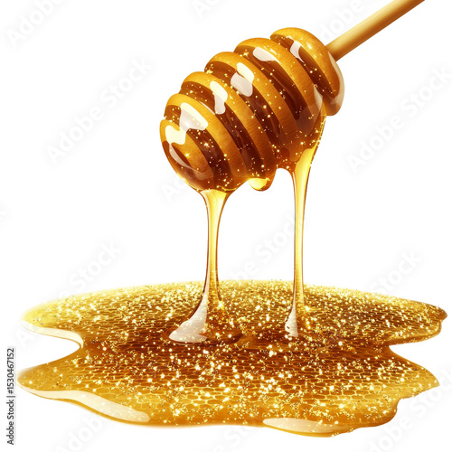 Delicious golden honey dripping from wooden dipper, creating shiny puddle below, evoking sweetness and warmth
