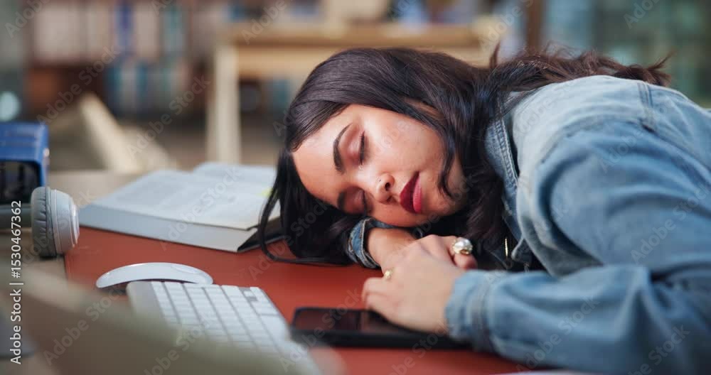 Sleeping, woman and student by desk in university with studying for exam, test or assignment. Fatigue, exhausted and female person with afternoon nap at college for scholarship with burnout at campus
