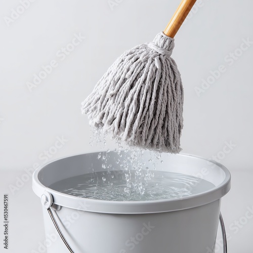 A mop dripping water into a white bucket filled with water against a white background in studio shot photo