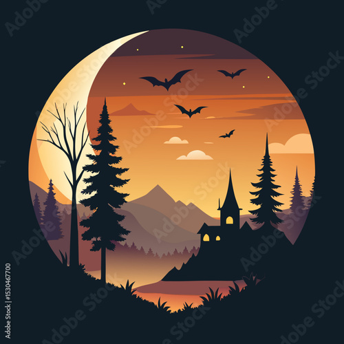 A spooky Halloween night with a full moon, bats in flight, trees against the misty hilltop, and a haunted house. Silhouettes of autumn leaves surround the scene.