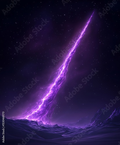 A bright purple celestial beam ascends above a dark landscape