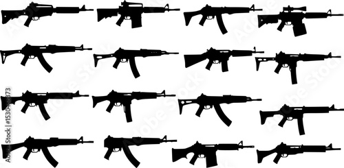 A collection of silhouetted firearms arranged in rows