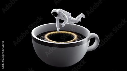 Surreal image of an astronaut figure diving headfirst into a steaming cup of coffee, creating a cosmic black hole effect.