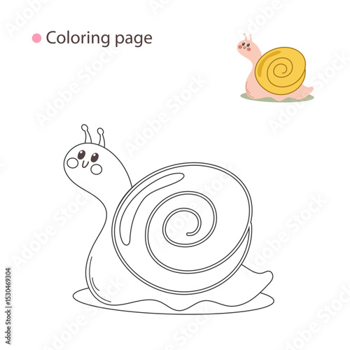 Cute cartoon snail coloring page with big eyes and spiral shell.
 Includes a small colored example for easy reference and fun learning.