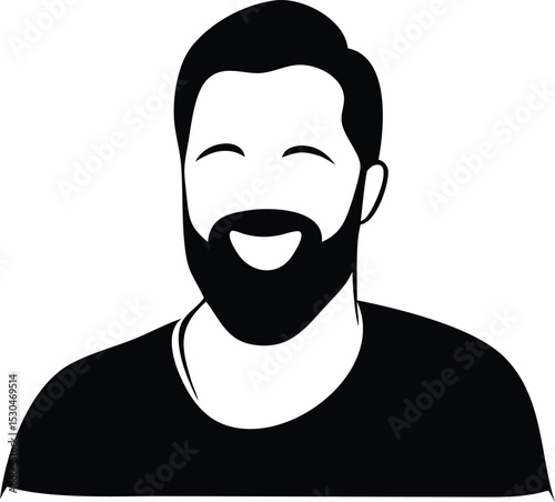 Bearded man smiling: A monochromatic graphic of a man with a full beard, radiating warmth with a genuine smile.