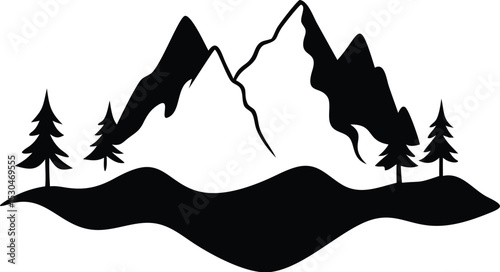 Mountain and Trees Silhouette: A striking black silhouette illustration showcases majestic mountains, evergreen trees, and serene waters, conveying a sense of tranquility and outdoor adventure.