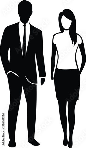 Business Couple Silhouette: A stark, monochromatic silhouette of a formally dressed man and woman. Representing corporate elegance.