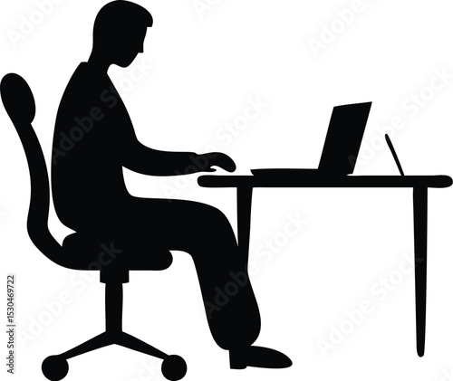 Silhouette of Dedicated Work: A silhouette captures the focused posture of an individual engrossed in their work, utilizing a laptop at a desk.