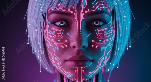 Futuristic Cyberpunk Portrait of a Woman with Illuminated Circuitry on Face in Pink and Blue Lighting