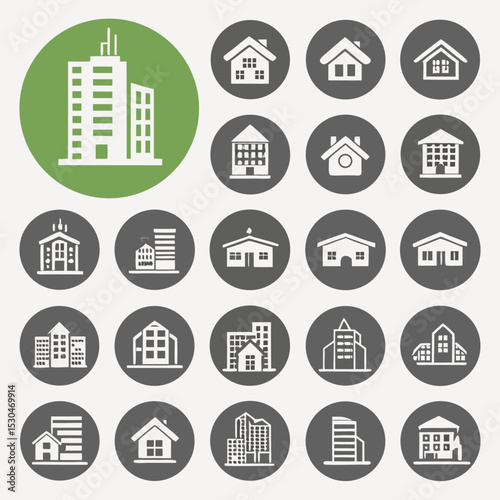 Vector set of real estate business icons for web and mobile applications featuring house, home, building, and property illustrations