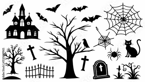 Spooky Halloween night with a haunted house and cemetery under a moonlit sky, featuring silhouetted trees and a church