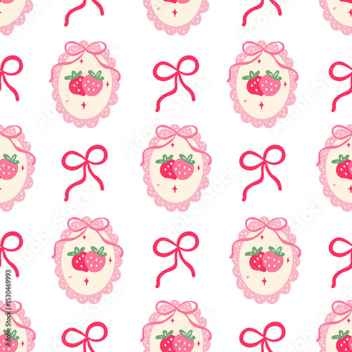 Minimal seamless pattern with strawberry badge and red bows