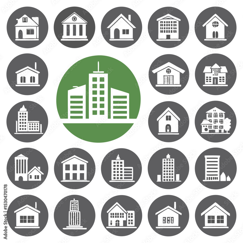 Fototapeta premium Modern real estate icon set featuring house, building, and apartment symbols for web and logo design illustrations