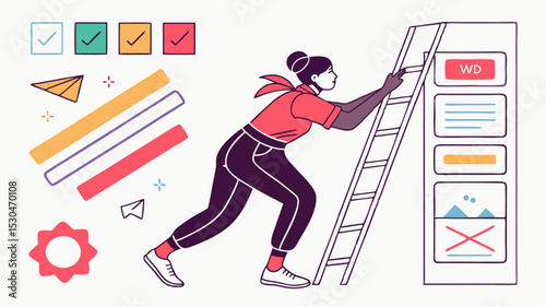 Vector cartoon illustration of a woman athlete running with shopping bags, enjoying fitness and fun