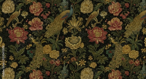Dark background adorned with vibrant floral and peacock motifs, intricate details, repeating pattern, elegant style