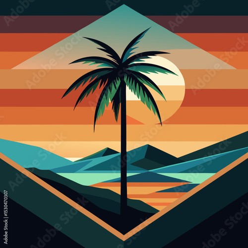 Vibrant digital art depicting sunset at beach with mountains in background, palm tree silhouette against neon sky