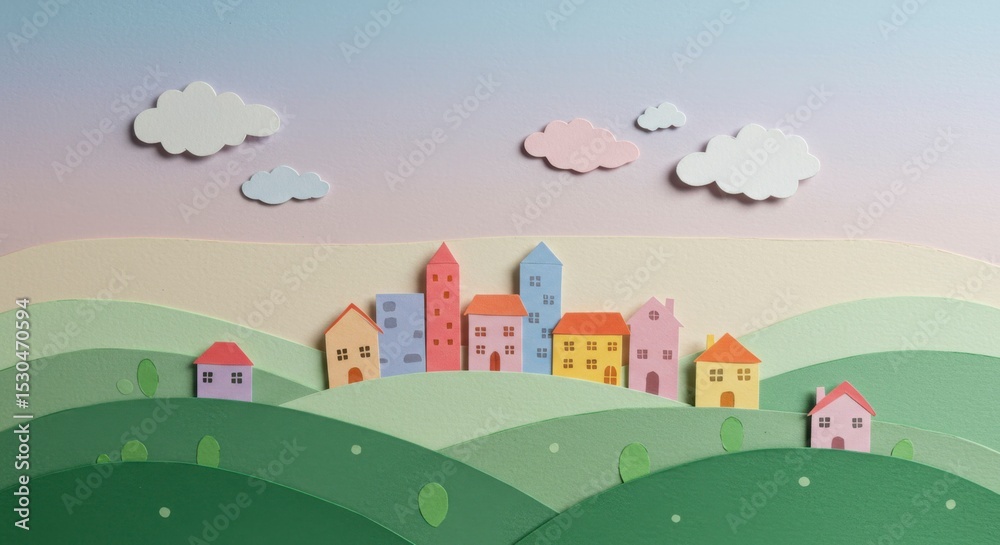 Colorful paper cut-out town scene Colorful paper cut-out town scene