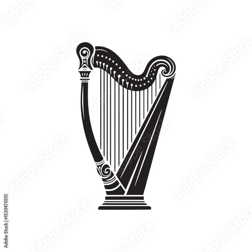 Solid Black Harp Silhouette - Harp Vector Image - Music Icon Illustration.