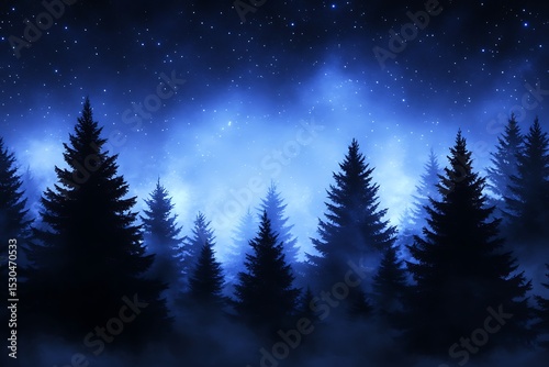 Silhouetted evergreen trees under a dark blue night sky filled with stars