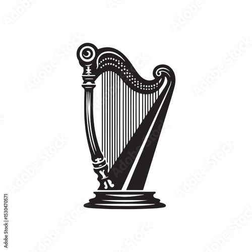 Classic Harp Outline - Vector Harp Design - Elegant String Instrument Graphic.