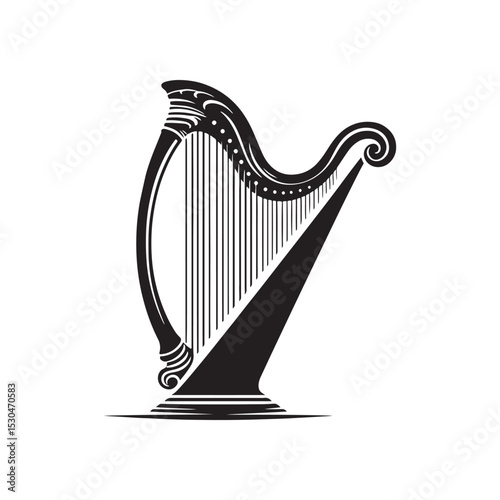 Solid Black Harp Silhouette - Harp Vector Image - Music Icon Illustration.