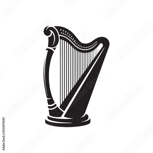 Vintage Harp Silhouette - Flat Vector Harp - Traditional Instrument Design.