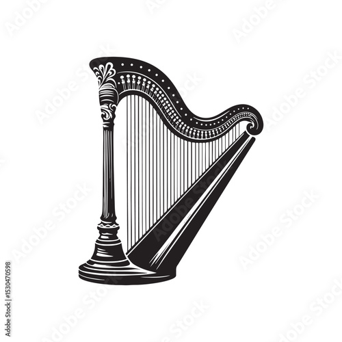 Classic Harp Outline - Vector Harp Design - Elegant String Instrument Graphic.