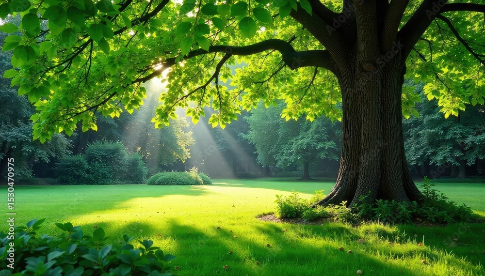 Fototapeta premium Serene beech tree garden scene, dappled sunlight filtering through leaves onto lush green groundcover Perfect for nature, tranquility, and peaceful garden themes , undergrowth, bark