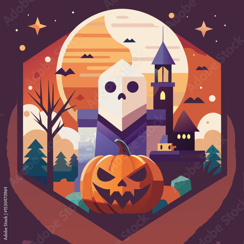 A fantastical Halloween scene with a ghost, pumpkin, castle and crescent moon.