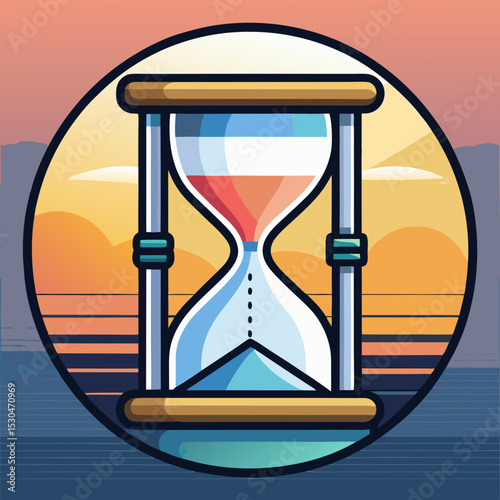Digital illustration of a clock on the beach at sunset with silhouette of palm trees and city skyline in the background.