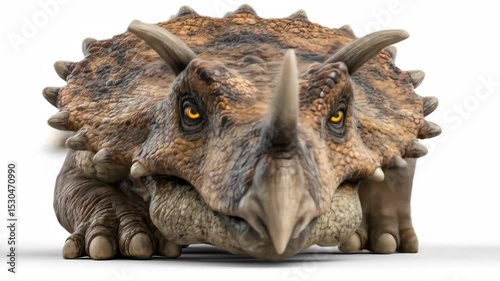 A triceratops like dinosaur gazes forward with intense yellow eyes Its brown and tan hide features prominent horns and bony frills showcasing prehistoric animal magnificence