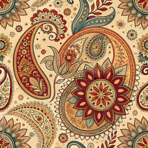 Illustration seamless background of traditional Indian motifs like paisley and mandala patterns in warm tones, cultural and artistic  