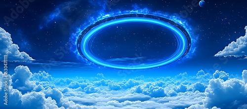 A luminous blue ring floats high above a sea of clouds