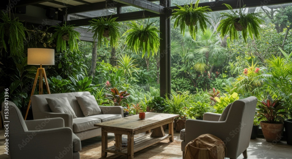 Fototapeta premium Tranquil indoor seating area with lush greenery view