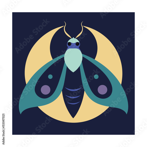 Abstract vector illustration of a moth with stylized wings set against a crescent moon
