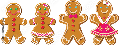 Festive Gingerbread Family Holiday Cookies with Icing Decorations on White Background