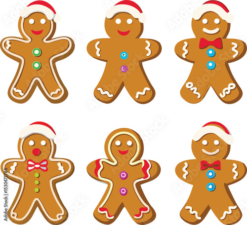 Festive Gingerbread Men Wearing Santa Hats on a White Background