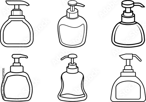 Set of Dish soap dispenser outline vector illustration, line art