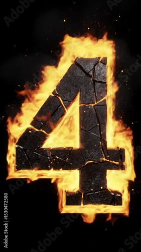 Fiery number four made of cracked stone for countdown. Burning hot 3D rendered numeral graphic for game, film, intro footage.
