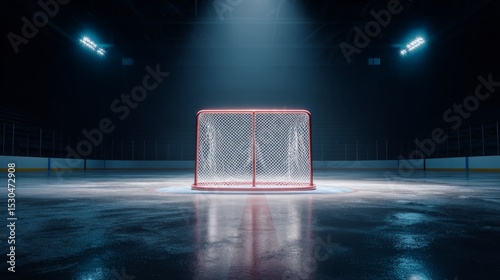 Hockey Goal On Wet Ice Rink Under Spotlights