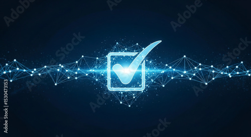 Abstract Digital Checkmark Symbol Illuminated On A Dark Blue Network Background