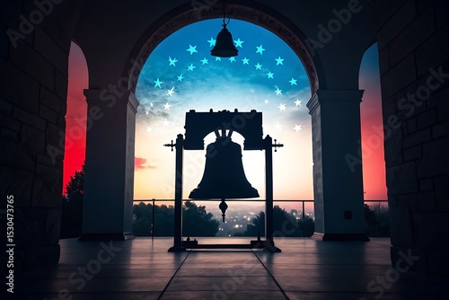 Liberty bell silhouette at sunrise with stars