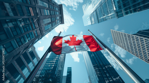 Canada flag and government building with skyscrapers.