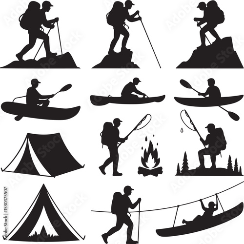 Outdoor Adventure Silhouette Vector Bundle – 10 Black Icons – Hiking, Camping, Climbing, Kayaking, Fishing, Tent, Zip Line & More