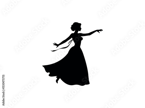 Graceful ballerina silhouette in mid-air pose, silhouette of a ballerina mid-leap, with outstretched arms and flowing skirt, ballerina, ballet, dance, silhouette, woman, female, silhouette, illustrati
