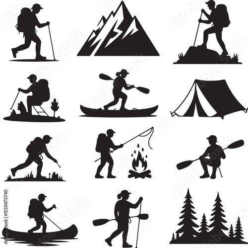Outdoor Adventure Silhouette Vector Bundle – 10 Black Icons – Hiking, Camping, Climbing, Kayaking, Fishing, Tent, Zip Line & More