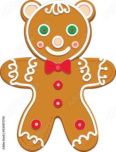 Gingerbread Bear Cookie with Bow Tie Isolated on White Background